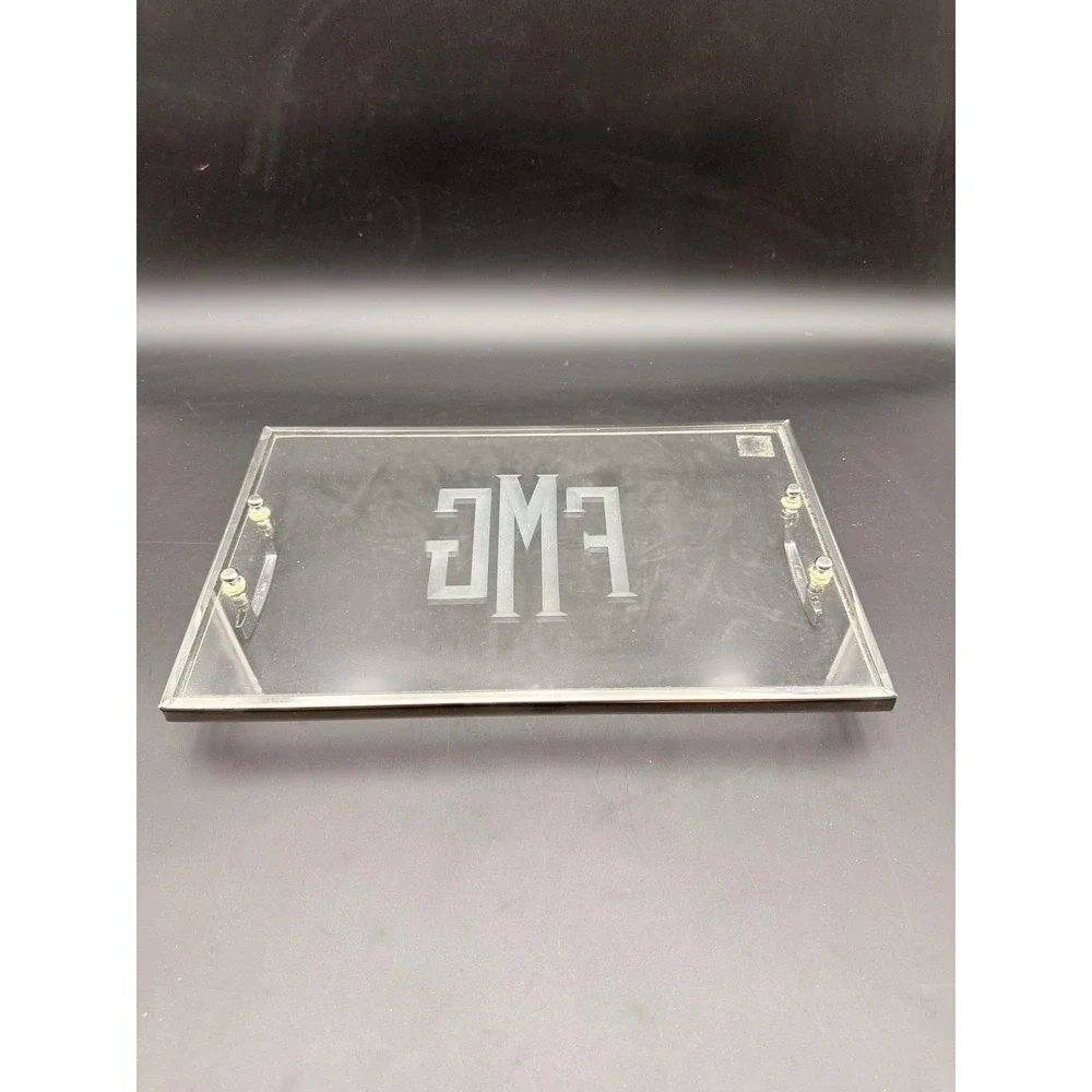 Vintage Silver FRAMED  Glass  Tray with SIGNS FMG 18X12‎